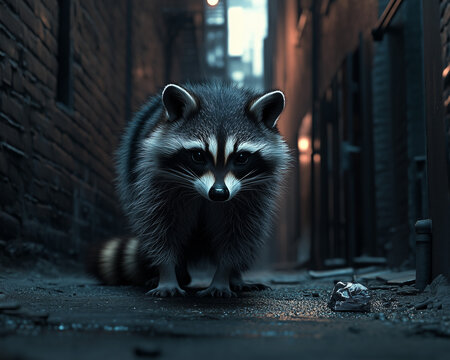 Clever Raccoon Foraging: A Nighttime Urban Alley Adventure