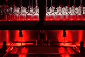 Minimalistic Industrial Factory Conveyor with Glass Bottles and Red Lighting