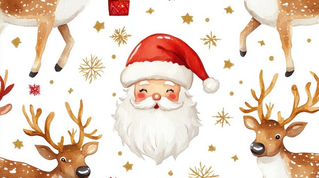 Watercolor Christmas Pattern with Santa Claus and Reindeer