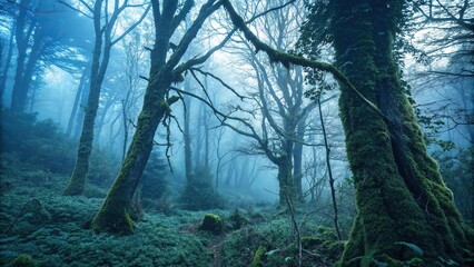Mysterious forest with overgrown vegetation and moss-covered tree trunks on a grunge blue background, moss, grunge blue