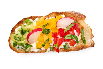 Spanish Tapas and Pinchos with cottage cheese, tomatoes and herbs, Italian Bruschetta, isolated on white background.