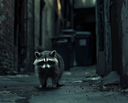 Clever Raccoon Foraging in Urban Alley, Survival Instincts in the City