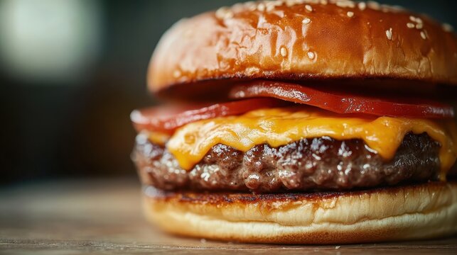 A close-up of a delicious cheeseburger featuring a thick beef patty, melted cheddar cheese, and a topping of ketchup on a sesame seed bun, evoking hunger and comfort.