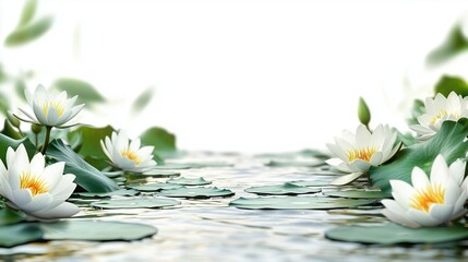 Floating lily pads and blooming water lilies cut out on white background