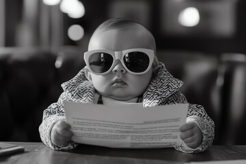 A cute baby wearing sunglasses and a coat, sitting at a table and reading a document.