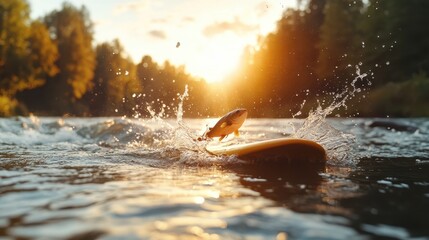 A breathtaking capture of a fish leaping excitedly from the water as the sunlight touches it, creating a mesmerizing splash and a moment of pure energy.