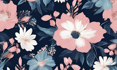 Elegant pattern with large pink flowers, white and blue accents on an navy background, suitable for stationery paper or fabric printing. Trendy spring, summer print dress pattern. Beautiful motif