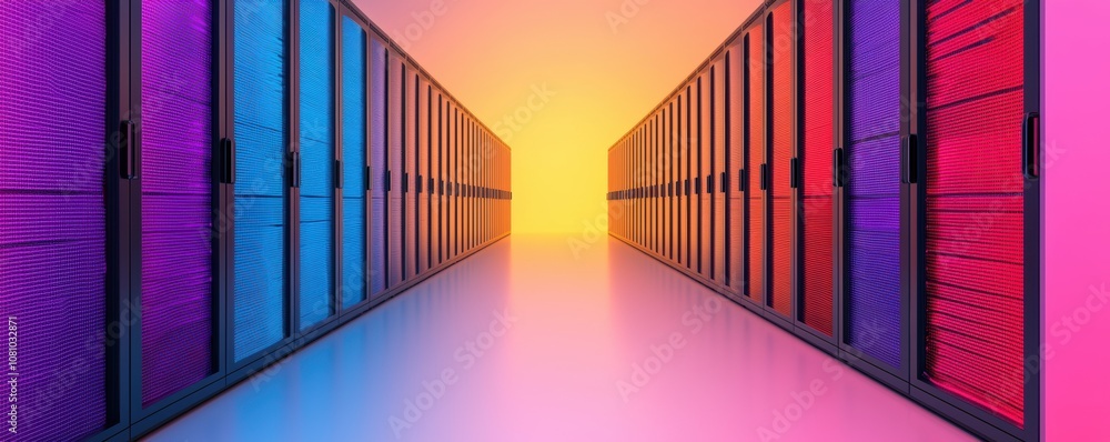 Poster colorful server racks in data center corridor with gradient lighting. vibrant technology infrastruct