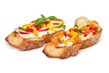 Spanish Tapas and Pinchos with cottage cheese, tomatoes and herbs, Italian Bruschetta, isolated on white background.