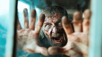 A chilling depiction of a zombie with gory details pressing hands against glass, evoking horror and fear in a scene reminiscent of apocalyptic movies.