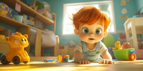 A cute cartoon baby boy with red hair crawling on the floor in a nursery with toys, looking up with a bright smile and big eyes.