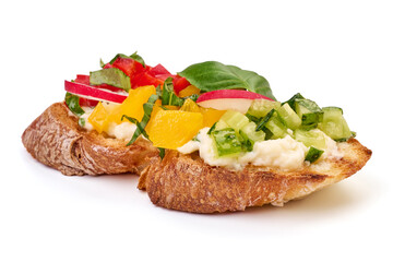 Spanish Tapas and Pinchos with cottage cheese, tomatoes and herbs, Italian Bruschetta, isolated on white background.