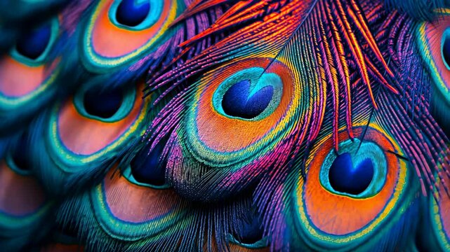 Close-up of luminous peacock feathers displaying vibrant colors and intricate patterns. Wallpaper High-resolution, Luxury and nature concept.