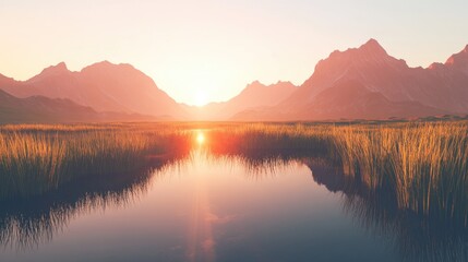 Fototapeta premium Serene Sunrise Over Mountain Lake with Golden Reeds and Reflective Waters