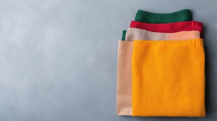 Folded sweaters in various colors stacked in a paper bag on a gray background.