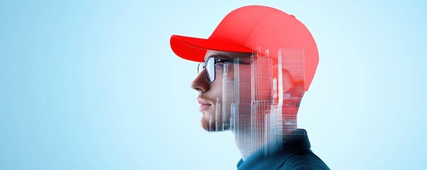 Naklejka premium Profile of a man in red cap with digital skyscrapers overlay on blue background.