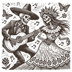 Skeleton Couple Dancing and Playing Guitar, Festive Day of the Dead Vector Illustration in Vintage Engraving Style