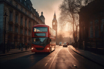 Obraz premium Red bus on road in London near Big Ben Clock Tower. Road traffic in London city. Big Ben with red bus against colorful sunset in London, England, UK
