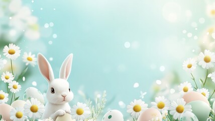 White rabbit in field of daisies and colored eggs, with bright, soft-focus background