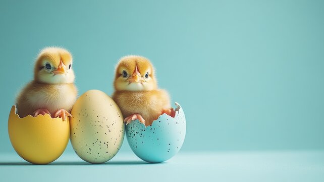 Two chicks hatching from eggs against pastel background
