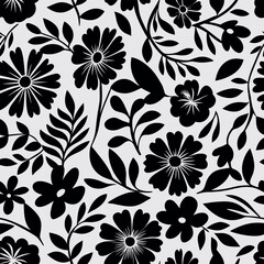 Silhouette flowers seamless pattern. leaves and flowers. Botanical style. Floral silhouettes. black and white.