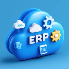 Obraz premium 3D blue cloud with ERP text and various icons, including gears and documents, on a blue background