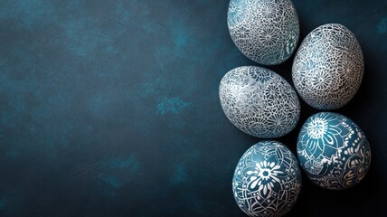 Intricate floral-patterned Easter eggs on deep teal background