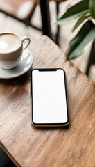 Cell phone mockup image blank white screen. Mobile phone on desk at modern coffee shop.