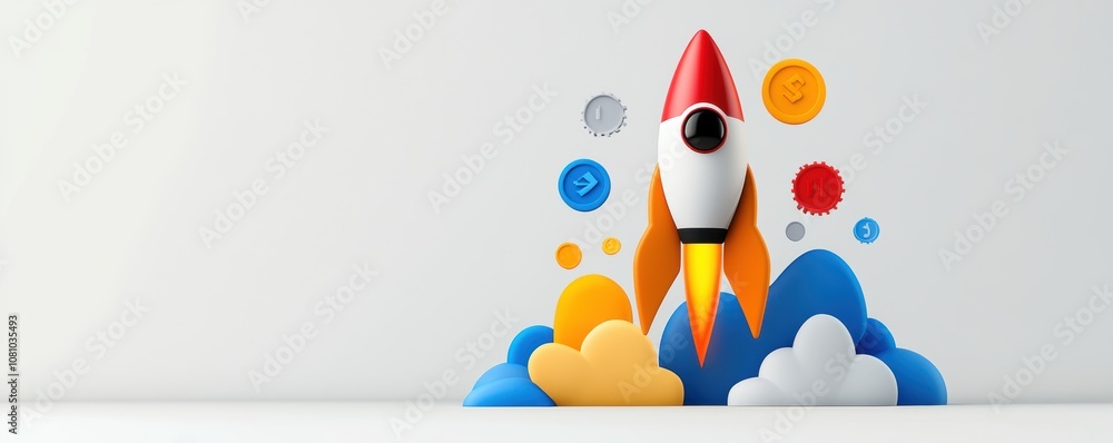 Poster rocket launching from colorful clouds with coins and gears on white background. 3d illustration with