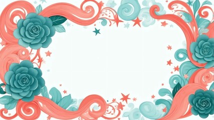Cute teal and coral swirls with stars border frame on white background