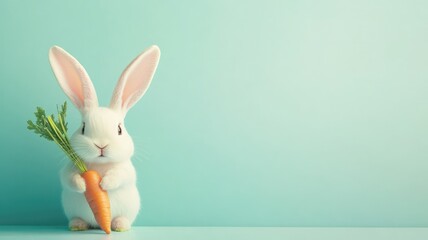 Adorable white rabbit holding carrot against pastel background