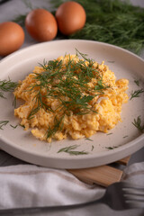 egg, cooking, photo, culinary, nutrition, dish, protein, preparation, recipe, cuisine, cafe, plate, seasoning, yellow, scrambled, eggs, fresh, herbs, dill, table, background, image