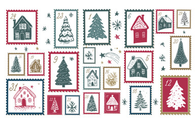 Advent calendar with house and tree on white, hand drawn illustrations.	
