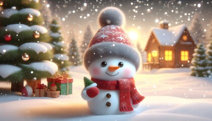 Little snowman standing on a snowy landscape.