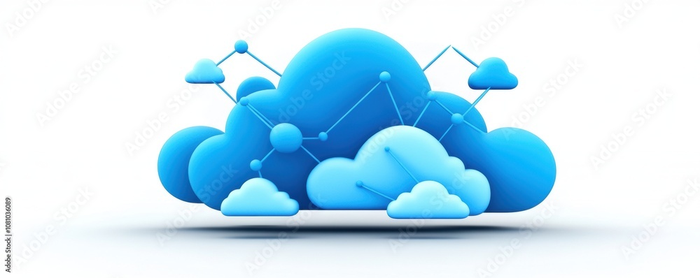 Poster 3d illustration of cloud computing network with connected blue clouds on white background.