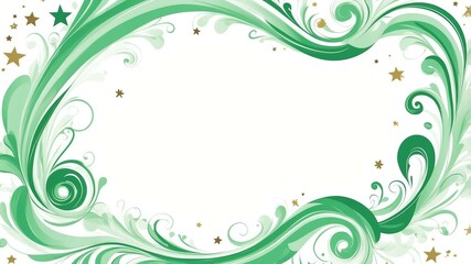 Cute green and white swirls with stars border frame on white background