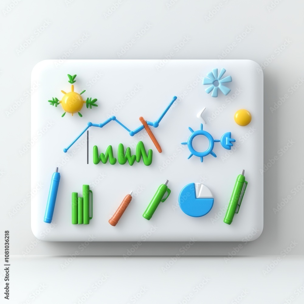 Poster 3d chart and data icons with colorful elements on white board. business and financial analysis conce