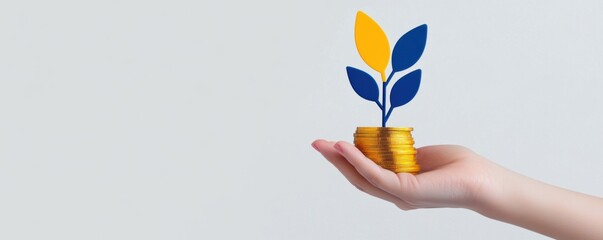 Fototapeta premium Hand holding stack of gold coins with sprouting leaves symbolizing financial growth.