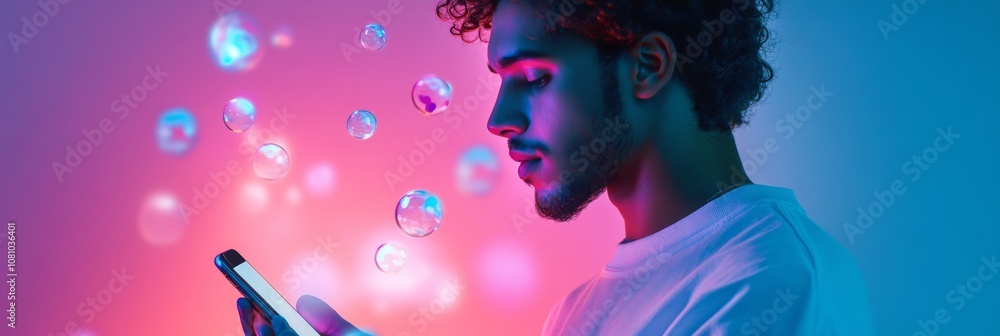 Poster young man is using smartphone with floating social media icons in neon light, representing the immer