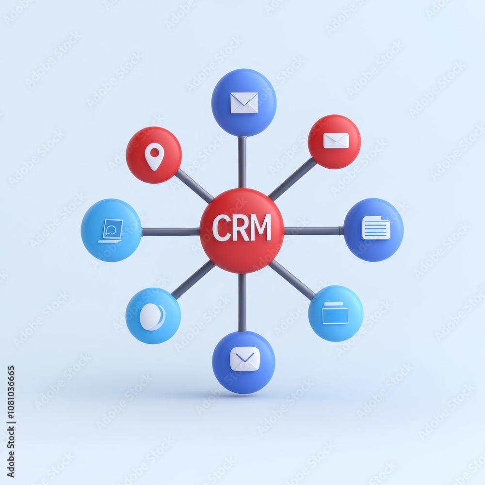 Poster crm network illustration with icons of communication channels and crm central node on light blue bac