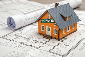 A miniature house sits on architectural blueprints, marked with "APPROVED," symbolizing approval for construction or building plans.