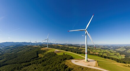 Sustainable energy with wind turbines on sunny day