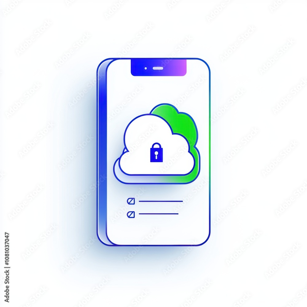 Poster smartphone with cloud storage and security lock icon. 3d mobile app interface on white background