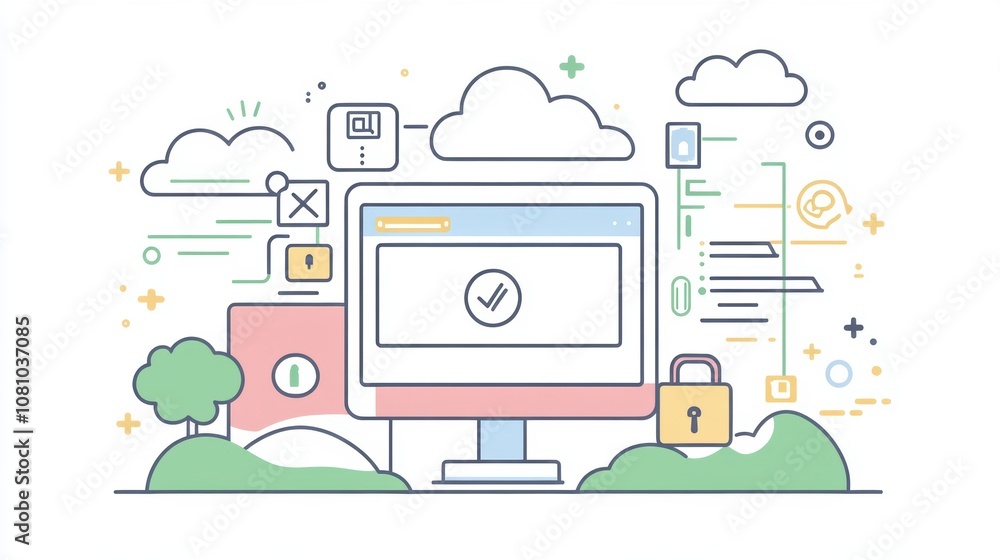 Poster computer screen with security icons and clouds on white background