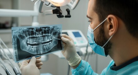 Dentist analyzing dental x-ray in modern clinic