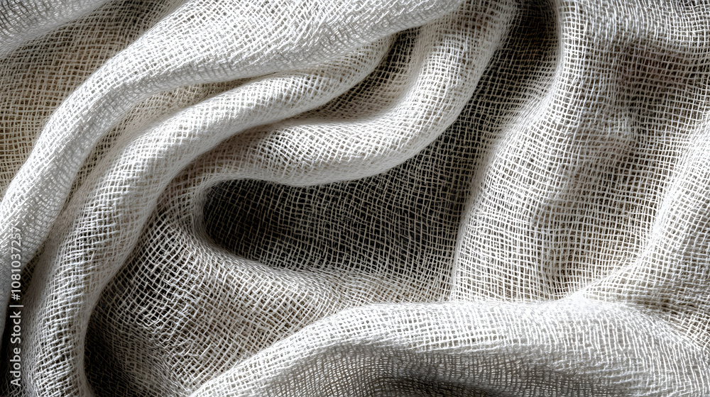 Poster the soft white linen fabric flows elegantly, capturing light and highlighting its delicate texture. 