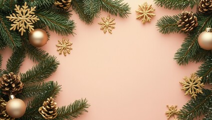 Stylish Christmas background with pine branches, gold snowflakes, and beige ornaments on a light pastel peach-colored background Generative AI