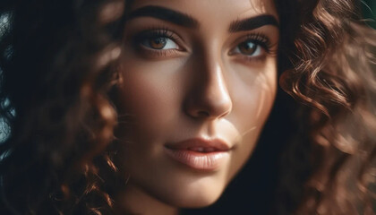 Naklejka premium Beautiful woman with dark curly hair. Close up. 