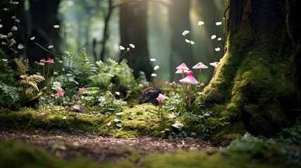 A miniature scene with flowers and moss, mimicking a forest floor with an elegant fairytale twist.