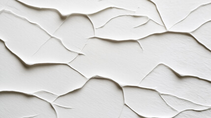 Fototapeta premium Close-up view of cracked white dry paint texture creating abstract pattern on a flat surface with shadows highlighting the crevices